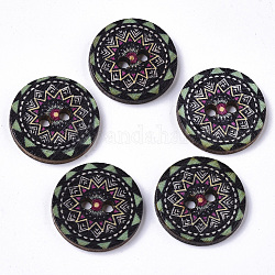 Boutons en bois imprimé avec 2 trou, plat rond avec motif floral, non teint, colorées, 20x2.5~3mm, Trou: 2mm