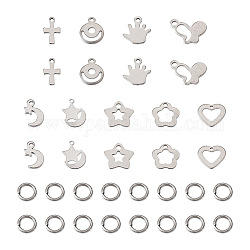 PandaHall Jewelry 90Pcs 9 Style 304 Stainless Steel Charms, Mixed Shapes, with 120Pcs 304 Stainless Steel Jump Rings, Stainless Steel Color, 9.5~13x7~12.5x0.5~1mm, Hole: 1~1.8mm, 10pcs/style 