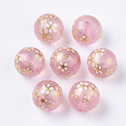 Translucent Printed Resin Beads, Frosted, Round with Sakura Pattern, Pink, 14mm, Hole: 2mm