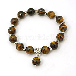 Bracelets de perles de pierre gemme de mode, Bracelets élastiques, avec des perles anciennes en alliage d'argent, oeil de tigre, 55mm
