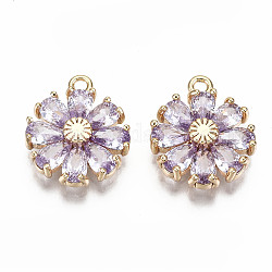 Real 18K Gold Plated Brass Micro Pave Cubic Zirconia Pendants, Nickel Free, Flower, Lavender, 15x12.5x3.5mm, Hole: 1.4mm