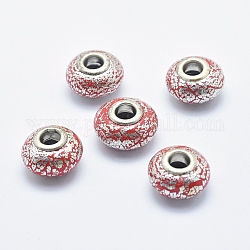 Perles européennes artisanales en pâte de polymère, avec noyaux en laiton plaqué couleur argent, Perles avec un grand trou   , rondelle, rouge, 13~16x8~11mm, Trou: 4.5~5mm