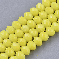 Opaque Spray Painted Glass Beads Strands, Faceted, Rondelle, Yellow, 8x6mm, Hole: 1.2mm, about 68~72pcs/strand, 15.94 inch~17.52 inch