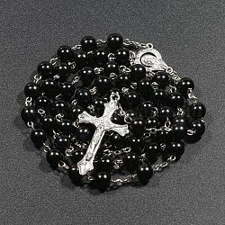 Collana con perle di rosario in plastica imitazione perla per Pasqua, collana con pendente croce crocifisso in lega con catene di ferro, nero, 27.56 pollice (70 cm)
