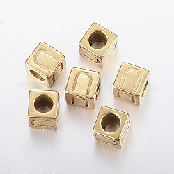 Perles européennes de lettre avec gros trou en 304 acier inoxydable, trou horizontal, cube avec letter.u, or, 8x8x8mm, Trou: 5mm