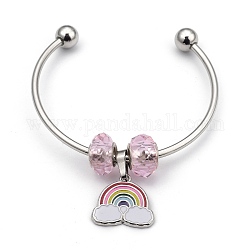 European Style Brass Cuff Bangles, Torque Bangles, with Glass Beads, Rainbow Alloy Enamel Pendants and 304 Stainless Steel Snap on Bails, Platinum, Pink, Inner Diameter: 2-1/4 inch(5.7cm)