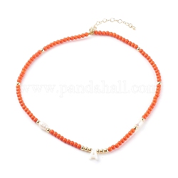 Halsketten mit natürlichem Muschel-Anhänger, mit synthetischen Türkisperlen und natürlichen Perlenperlen, Buchstabe a, golden, orange rot, 17.12 Zoll (43.5 cm)