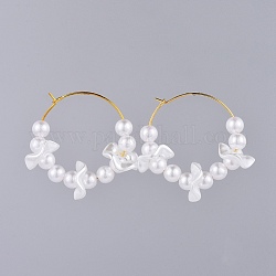 Orecchini a cerchio con perle imitate acrilico, con cerchi in ottone dell'orecchino, bianco, 40x37x13mm, ago :0.7mm