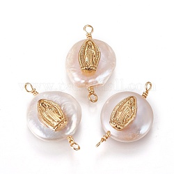 Connettori di collegamenti di perle naturali, con i risultati zirconia e ottone cubi, piatta e rotonda con virgin mary, oro, 19~23x10~12x6~9mm, Foro: 1.6 mm