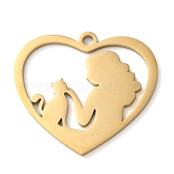304 ciondoli in acciaio inossidabile, cuore con donne e gatto, oro, 27x30x1.5mm, Foro: 2 mm
