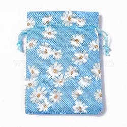 黄麻布ラッピングポーチ巾着袋  長方形  ディープスカイブルー  花  13.5~14x10x0.35cm
