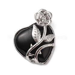 Natural Obsidian Pendants, Heart Charms, with Rack Plating Platinum Tone Alloy Rose, Cadmium Free & Lead Free, 41~42x37~38x11~12mm, Hole: 5.3x5.2mm