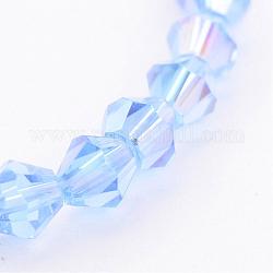Glass Beads Strands, Bicone, Light Blue, AB Color Plated, The beads about 4mm, Hole: 1mm, about 70pcs/strand, 10.63 inch