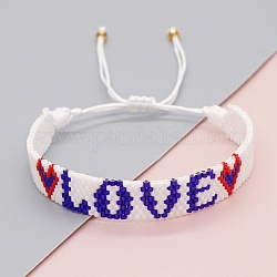 Mot d'amitié amour métier à tisser motif perles de rocaille miyuki bracelets pour femme, Bracelets réglables de perles tressées avec cordon en nylon, indigo, 11 pouce (28 cm)
