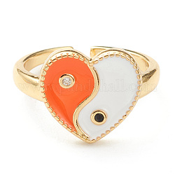 Brass Micro Pave Cubic Zirconia Finger Rings, with Enamel, Long-Lasting Plated, Real 18K Gold Plated, Heart, Orange, US Size 7 3/4(17.9mm), 2.5mm, Inner Diameter: 18mm