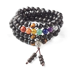 Bracelets enroulés de perles de bois naturel, quatre boucles, avec des perles de gourou en alliage de style tibétain, perles de pierres précieuses synthétiques et naturelles, 29-1/2 pouce (75 cm)