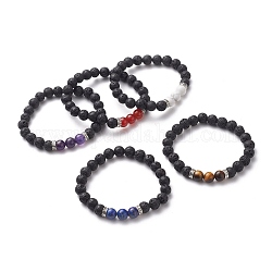 Bracelets élastiques ronds en pierre de lave naturelle, avec des perles d'espacement en alliage plaqué argent antique et des perles de pierres précieuses naturelles, 2 pouce (5.2 cm)
