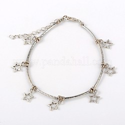 Tibetan Style Star Anklets, with Iron Tube Beads and Zinc Alloy Lobster Claw Clasps, Antique Silver, 225mm