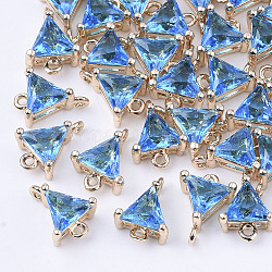 Transparent Glass Links connectors, with Brass Findings, Faceted, Triangle, Light Gold, Dodger Blue, 11x8x5mm, Hole: 1mm