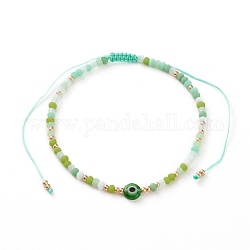 Nylon regolabile bracciali intrecciati cavo di perline, con lampwork perline malocchio, perline di semi di vetro fgb e perline di vetro smerigliato, prato verde, diametro interno: 2-1/8~4-1/8 pollice (5.3~10.3 cm)