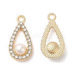 Pendente in lega, con strass in cristallo e finta perla in plastica abs, fascino a goccia, piombo & cadimo libero, oro chiaro, 24.5x12.5x6.5mm, Foro: 2 mm