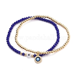 Stretch Bracelets Sets, with Round Brass Beads, Glass Beads, Evil Eye Lampwork Beads and Brass Micro Pave Cubic Zirconia Charms, Golden, Blue, Inner Diameter: 2-1/4 inch(5.7cm), 2pcs/set