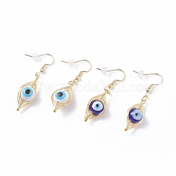 2Pair 2 Color Round Lampwork Evil Eye Braided Dangle Earrings, Brass Wire Wrap Jewelry for Women, Mixed Color, 46~47mm, Pin: 0.8mm, 1 Pair/color
