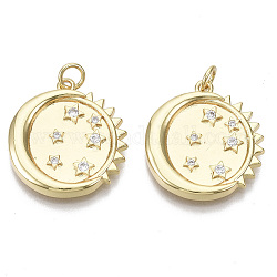 Brass Micro Pave Cubic Zirconia Pendants, with Jump Rings, Nickel Free, Flat Round with Moon & Sun & Star, Clear, Real 16K Gold Plated, 22x20x3mm, Hole: 3mm