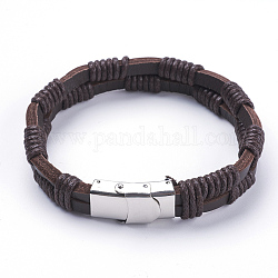 Bracelets de cordon en cuir, avec fermoirs en 304 acier inoxydable, couleur inoxydable, brun coco, 9 pouce (230 mm)