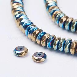 Chapelets de perles en hématite synthétique sans magnétiques, facette, rondelle, bleu plaqué, 5x2mm, Trou: 0.8mm, Environ 198 pcs/chapelet, 15.5 pouce (39.5 cm)