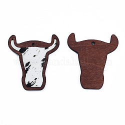 Grands pendentifs en cuir de vachette écologique, avec du bois teint, La tête de vache, blanc crème, 55x50x3mm, Trou: 2.5mm