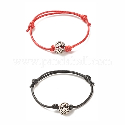 Ensemble de bracelets en cordon perlé arbre de vie en alliage 2pcs 2 couleurs, bracelets ajustables pour femmes, noir et rouge, diamètre intérieur: 1-5/8~3-1/4 pouce (4.2~8.2 cm), 1 pc / couleur