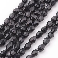 Glass Beads Strands, Faceted, teardrop, Black, 6x4mm, Hole: 1mm, about 65~68pcs/strand, 14.96~15.35 inch