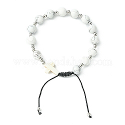 Braccialetti di perline intrecciate rotonde e incrociate di howlite naturale, braccialetti regolabili in corda di nylon per donna, diametro interno: 2-1/8~3-1/8 pollice (5.5~8 cm)