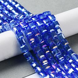 Electroplate Glass Beads Strands, AB Color Plated, Faceted, Cube, Royal Blue, 6x6x6mm, Hole: 1mm, about 100pcs/strand, 22 inch