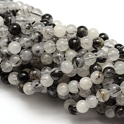 Natural Gemstone Black Rutilated Quartz Round Beads Strands, 4mm, Hole: 1mm, about 92pcs/strand, 15.5 inch