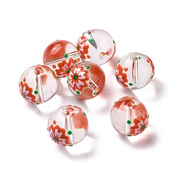 Perles en verre transparentes, avec l'émail, ronde, rouge, motif de fleur, 14~15x13~13.5mm, Trou: 1.5~1.6mm