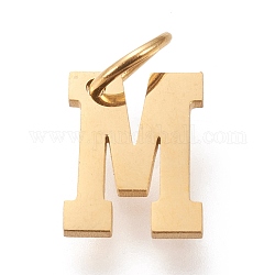 304 Stainless Steel Pendants, with Jump Rings, Manual Polishing, Golden, Letter.M, 10x8x1mm, Hole: 4.5mm