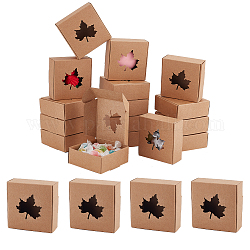 Складные подарочные коробки для ювелирных изделий из крафт-бумаги, квадрат с осенним кленовым листом, видимым окном, деревесиные, готовый продукт: 7.5x7.5x3 см