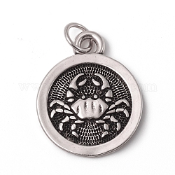 Brass Pendants, with Jump Rings, Long-Lasting Plated, Flat Round with 12 Constellation/Zodiac Sign, Antique Silver, Cancer, 18.5x15x2mm, Jump Ring: 5x0.7mm, Inner Diameter: 3.6mm