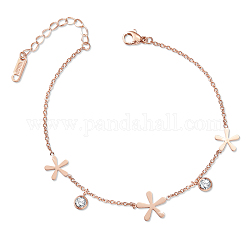 SHEGRACE Titanium Steel Charm Anklets, with Cubic Zirconia and Cable Chains, Flower, Rose Gold, 7-5/8 inch(19.5cm)