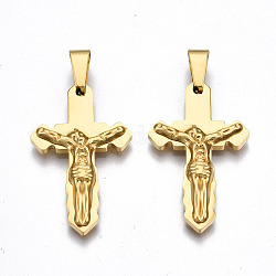 201 Stainless Steel Pendants, Crucifix Cross, for Easter, Real 18K Gold Plated, 30x18.5x4mm, Hole: 4x8mm