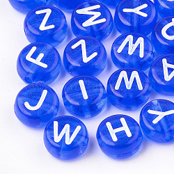 Transparente Acryl Perlen, horizontales Loch, gemischten Buchstaben, Flachrund, Blau, 7x4 mm, Bohrung: 1.5 mm