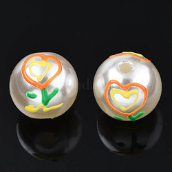Perle di perle imitazione plastica abs, con smalto, rotonda con fiore, arancione scuro, 12x11mm, Foro: 2 mm
