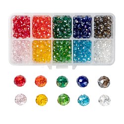Perles de verre galvanisées 10 couleurs, de couleur plaquée ab , facette, rondelle, couleur mixte, 6x5mm, Trou: 1mm, 10 couleurs, 50 pcs / couleur, 500 pcs / boîte
