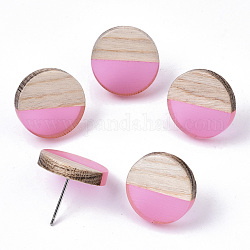 Boucles d'oreilles en résine et bois transparentes, avec épingle en 304 acier inoxydable, plat rond, perle rose, 15mm, pin: 0.7 mm