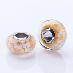 Shell europäischen Perlen, mit Messing-Kerne, Rondell, Großloch perlen, Platin Farbe, golden, 13~14x7.5 mm, Bohrung: 4.5 mm