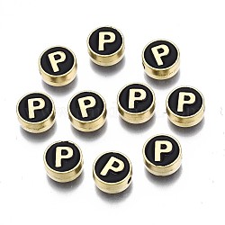 Legierung Emaille-Perlen, cadmiumfrei und bleifrei, Licht Gold, flach rund mit Alphabet, Schwarz, letter.p, 8x4 mm, Bohrung: 1.5 mm