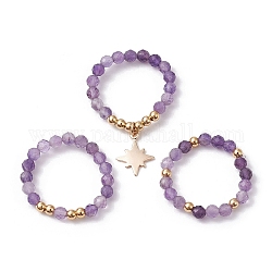 3Pcs 3 Style Natural Amethyst Beaded Stretch Rings Set, Stackable Rings with Brass Star Charms, Inner Diameter: 21~22mm, 1Pc/style