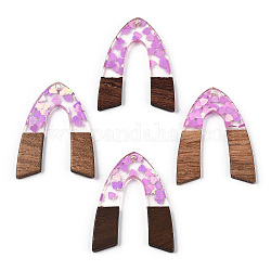 Transparent Resin & Walnut Wood Pendants, with Heart Paillettes, Arch Shape Charms, Violet, 38x29x3mm, Hole: 2mm